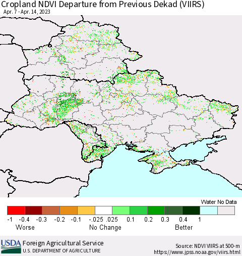 Ukraine, Moldova and Belarus Cropland NDVI Departure from Previous Dekad (VIIRS) Thematic Map For 4/11/2023 - 4/20/2023