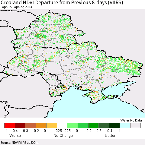 Ukraine, Moldova and Belarus Cropland NDVI Departure from Previous 8-days (VIIRS) Thematic Map For 4/15/2023 - 4/22/2023