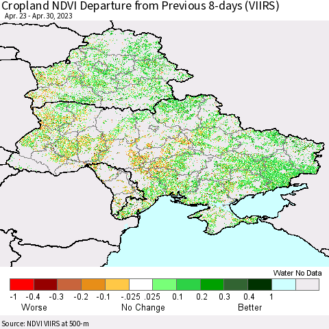 Ukraine, Moldova and Belarus Cropland NDVI Departure from Previous 8-days (VIIRS) Thematic Map For 4/23/2023 - 4/30/2023