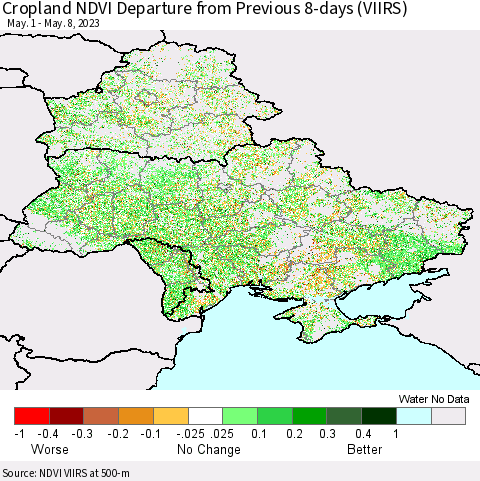 Ukraine, Moldova and Belarus Cropland NDVI Departure from Previous 8-days (VIIRS) Thematic Map For 5/1/2023 - 5/8/2023