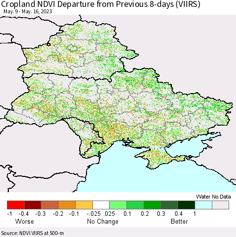 Ukraine, Moldova and Belarus Cropland NDVI Departure from Previous 8-days (VIIRS) Thematic Map For 5/9/2023 - 5/16/2023