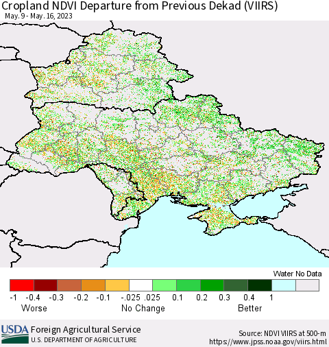 Ukraine, Moldova and Belarus Cropland NDVI Departure from Previous Dekad (VIIRS) Thematic Map For 5/11/2023 - 5/20/2023