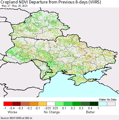 Ukraine, Moldova and Belarus Cropland NDVI Departure from Previous 8-days (VIIRS) Thematic Map For 5/17/2023 - 5/24/2023
