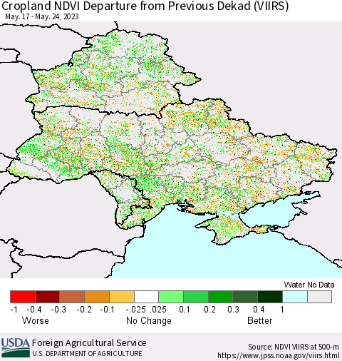 Ukraine, Moldova and Belarus Cropland NDVI Departure from Previous Dekad (VIIRS) Thematic Map For 5/21/2023 - 5/31/2023