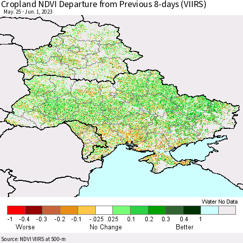 Ukraine, Moldova and Belarus Cropland NDVI Departure from Previous 8-days (VIIRS) Thematic Map For 5/25/2023 - 6/1/2023