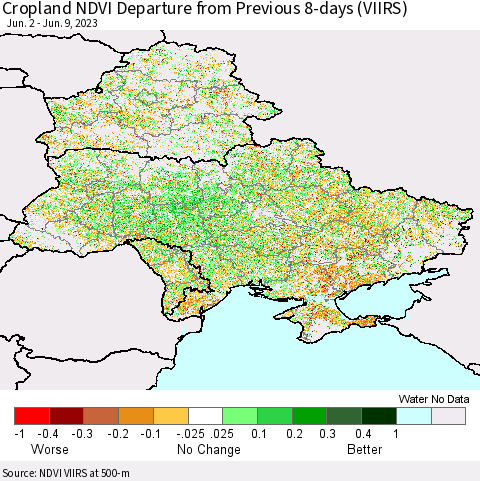 Ukraine, Moldova and Belarus Cropland NDVI Departure from Previous 8-days (VIIRS) Thematic Map For 6/2/2023 - 6/9/2023