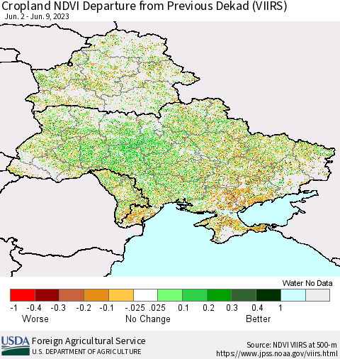 Ukraine, Moldova and Belarus Cropland NDVI Departure from Previous Dekad (VIIRS) Thematic Map For 6/1/2023 - 6/10/2023