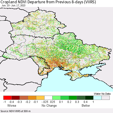 Ukraine, Moldova and Belarus Cropland NDVI Departure from Previous 8-days (VIIRS) Thematic Map For 6/10/2023 - 6/17/2023