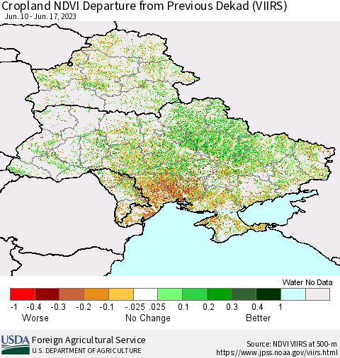 Ukraine, Moldova and Belarus Cropland NDVI Departure from Previous Dekad (VIIRS) Thematic Map For 6/11/2023 - 6/20/2023