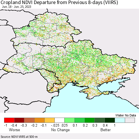 Ukraine, Moldova and Belarus Cropland NDVI Departure from Previous 8-days (VIIRS) Thematic Map For 6/18/2023 - 6/25/2023