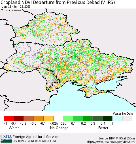 Ukraine, Moldova and Belarus Cropland NDVI Departure from Previous Dekad (VIIRS) Thematic Map For 6/21/2023 - 6/30/2023