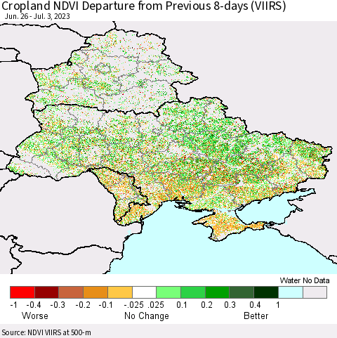 Ukraine, Moldova and Belarus Cropland NDVI Departure from Previous 8-days (VIIRS) Thematic Map For 6/26/2023 - 7/3/2023