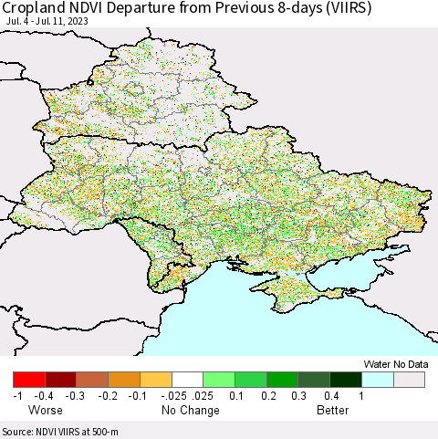 Ukraine, Moldova and Belarus Cropland NDVI Departure from Previous 8-days (VIIRS) Thematic Map For 7/4/2023 - 7/11/2023