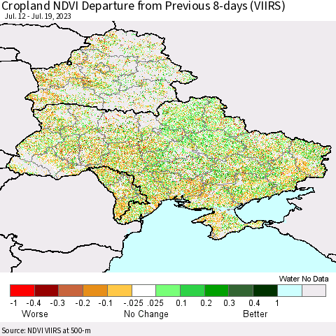 Ukraine, Moldova and Belarus Cropland NDVI Departure from Previous 8-days (VIIRS) Thematic Map For 7/12/2023 - 7/19/2023