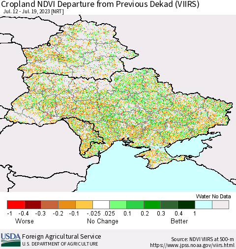 Ukraine, Moldova and Belarus Cropland NDVI Departure from Previous Dekad (VIIRS) Thematic Map For 7/11/2023 - 7/20/2023