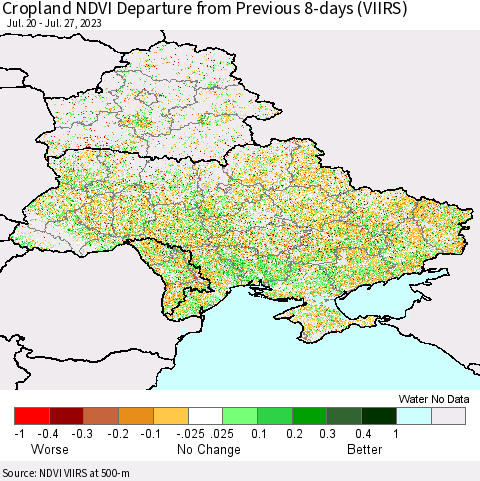 Ukraine, Moldova and Belarus Cropland NDVI Departure from Previous 8-days (VIIRS) Thematic Map For 7/20/2023 - 7/27/2023