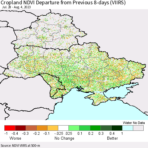 Ukraine, Moldova and Belarus Cropland NDVI Departure from Previous 8-days (VIIRS) Thematic Map For 7/28/2023 - 8/4/2023