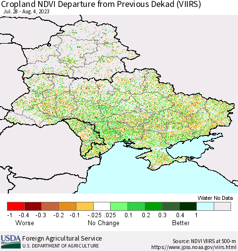 Ukraine, Moldova and Belarus Cropland NDVI Departure from Previous Dekad (VIIRS) Thematic Map For 8/1/2023 - 8/10/2023