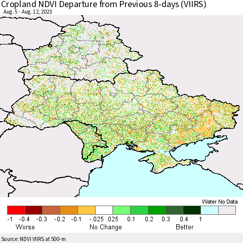 Ukraine, Moldova and Belarus Cropland NDVI Departure from Previous 8-days (VIIRS) Thematic Map For 8/5/2023 - 8/12/2023