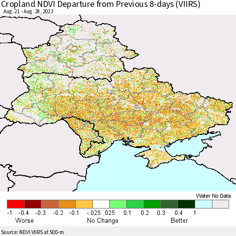 Ukraine, Moldova and Belarus Cropland NDVI Departure from Previous 8-days (VIIRS) Thematic Map For 8/21/2023 - 8/28/2023