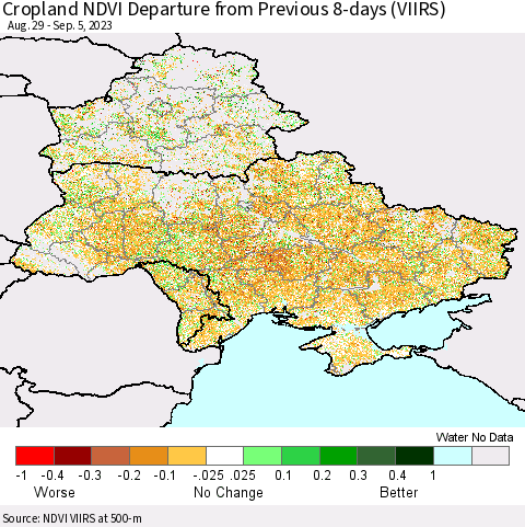 Ukraine, Moldova and Belarus Cropland NDVI Departure from Previous 8-days (VIIRS) Thematic Map For 8/29/2023 - 9/5/2023