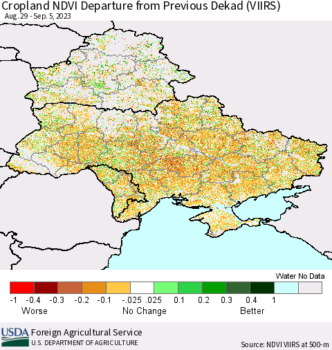 Ukraine, Moldova and Belarus Cropland NDVI Departure from Previous Dekad (VIIRS) Thematic Map For 9/1/2023 - 9/10/2023