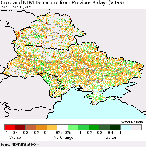 Ukraine, Moldova and Belarus Cropland NDVI Departure from Previous 8-days (VIIRS) Thematic Map For 9/6/2023 - 9/13/2023