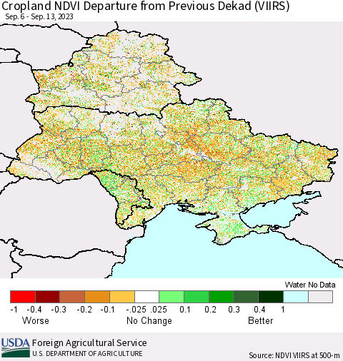Ukraine, Moldova and Belarus Cropland NDVI Departure from Previous Dekad (VIIRS) Thematic Map For 9/11/2023 - 9/20/2023