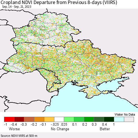Ukraine, Moldova and Belarus Cropland NDVI Departure from Previous 8-days (VIIRS) Thematic Map For 9/14/2023 - 9/21/2023