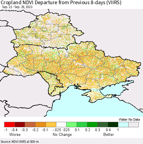 Ukraine, Moldova and Belarus Cropland NDVI Departure from Previous 8-days (VIIRS) Thematic Map For 9/22/2023 - 9/29/2023