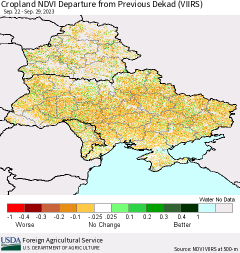 Ukraine, Moldova and Belarus Cropland NDVI Departure from Previous Dekad (VIIRS) Thematic Map For 9/21/2023 - 9/30/2023