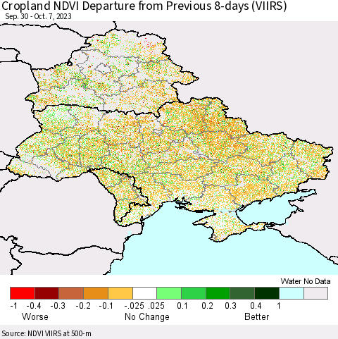 Ukraine, Moldova and Belarus Cropland NDVI Departure from Previous 8-days (VIIRS) Thematic Map For 9/30/2023 - 10/7/2023