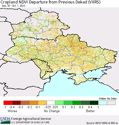 Ukraine, Moldova and Belarus Cropland NDVI Departure from Previous Dekad (VIIRS) Thematic Map For 10/1/2023 - 10/10/2023