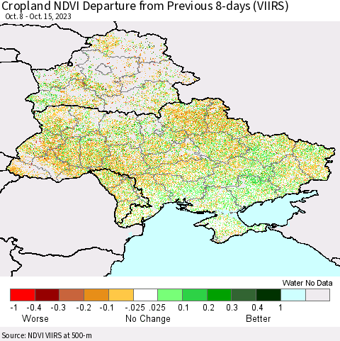Ukraine, Moldova and Belarus Cropland NDVI Departure from Previous 8-days (VIIRS) Thematic Map For 10/8/2023 - 10/15/2023