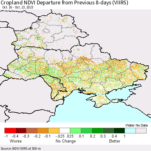 Ukraine, Moldova and Belarus Cropland NDVI Departure from Previous 8-days (VIIRS) Thematic Map For 10/16/2023 - 10/23/2023