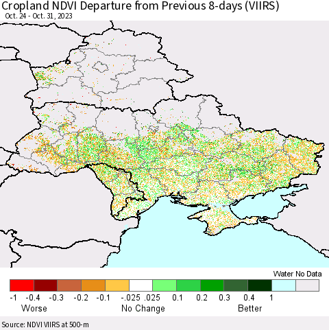 Ukraine, Moldova and Belarus Cropland NDVI Departure from Previous 8-days (VIIRS) Thematic Map For 10/24/2023 - 10/31/2023