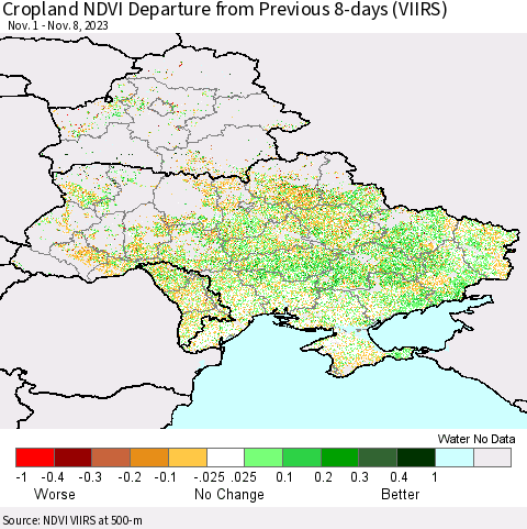 Ukraine, Moldova and Belarus Cropland NDVI Departure from Previous 8-days (VIIRS) Thematic Map For 11/1/2023 - 11/8/2023