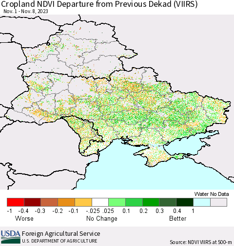 Ukraine, Moldova and Belarus Cropland NDVI Departure from Previous Dekad (VIIRS) Thematic Map For 11/1/2023 - 11/10/2023