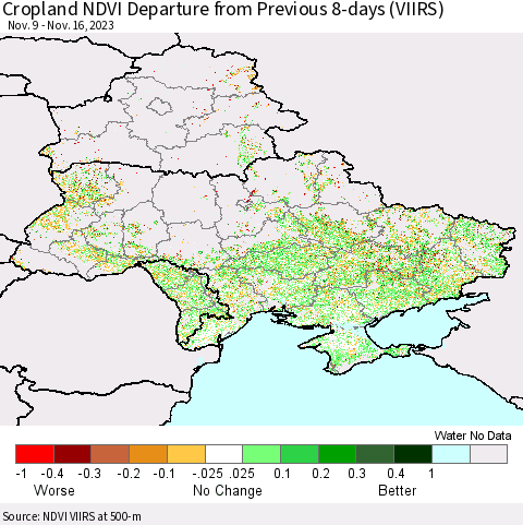 Ukraine, Moldova and Belarus Cropland NDVI Departure from Previous 8-days (VIIRS) Thematic Map For 11/9/2023 - 11/16/2023