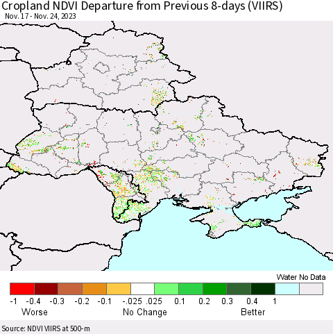 Ukraine, Moldova and Belarus Cropland NDVI Departure from Previous 8-days (VIIRS) Thematic Map For 11/17/2023 - 11/24/2023