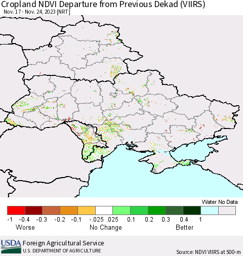 Ukraine, Moldova and Belarus Cropland NDVI Departure from Previous Dekad (VIIRS) Thematic Map For 11/21/2023 - 11/30/2023