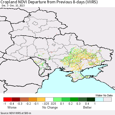 Ukraine, Moldova and Belarus Cropland NDVI Departure from Previous Dekad (VIIRS) Thematic Map For 12/1/2023 - 12/10/2023