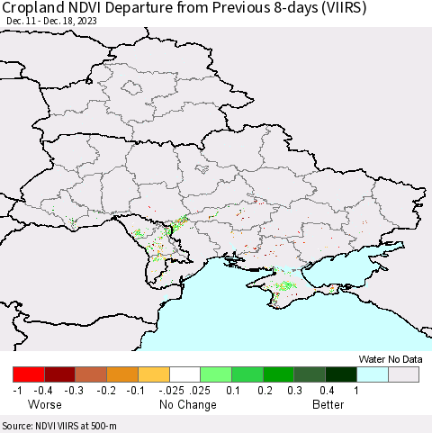 Ukraine, Moldova and Belarus Cropland NDVI Departure from Previous 8-days (VIIRS) Thematic Map For 12/11/2023 - 12/18/2023