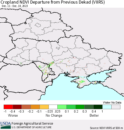 Ukraine, Moldova and Belarus Cropland NDVI Departure from Previous Dekad (VIIRS) Thematic Map For 12/11/2023 - 12/20/2023
