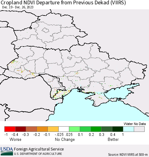 Ukraine, Moldova and Belarus Cropland NDVI Departure from Previous Dekad (VIIRS) Thematic Map For 12/21/2023 - 12/31/2023