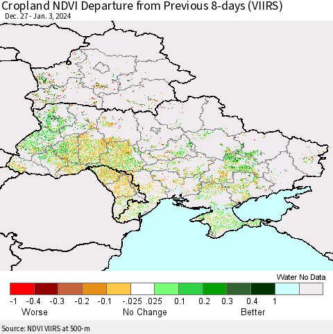 Ukraine, Moldova and Belarus Cropland NDVI Departure from Previous 8-days (VIIRS) Thematic Map For 12/27/2023 - 1/3/2024