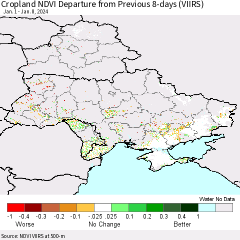 Ukraine, Moldova and Belarus Cropland NDVI Departure from Previous 8-days (VIIRS) Thematic Map For 1/1/2024 - 1/8/2024