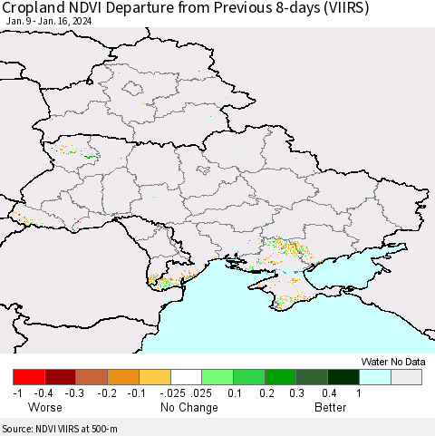 Ukraine, Moldova and Belarus Cropland NDVI Departure from Previous 8-days (VIIRS) Thematic Map For 1/9/2024 - 1/16/2024