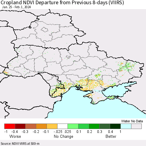 Ukraine, Moldova and Belarus Cropland NDVI Departure from Previous 8-days (VIIRS) Thematic Map For 1/25/2024 - 2/1/2024