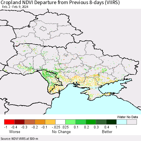 Ukraine, Moldova and Belarus Cropland NDVI Departure from Previous 8-days (VIIRS) Thematic Map For 2/2/2024 - 2/9/2024